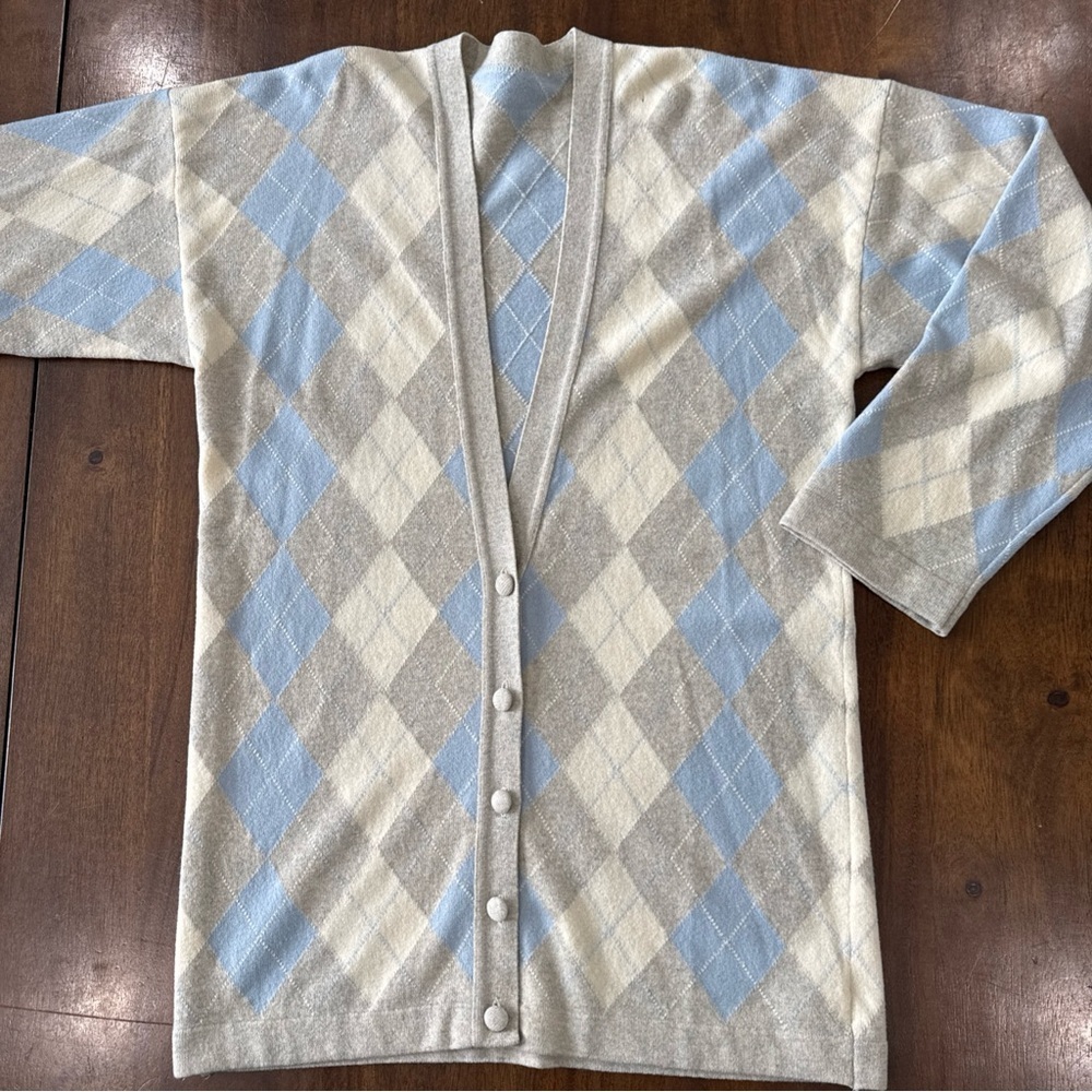 Jaeger 100% Lambswool Gray Blue Ivory Argyle Long Cardigan Sweater Vintage M